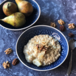 blue ceramic bowl holding porridge. 